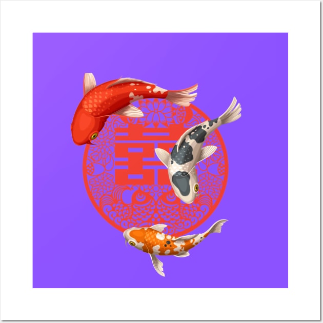 Double Happiness Koi Fish Light Purple with Red Symbol - Hong Kong Retro Wall Art by CRAFTY BITCH